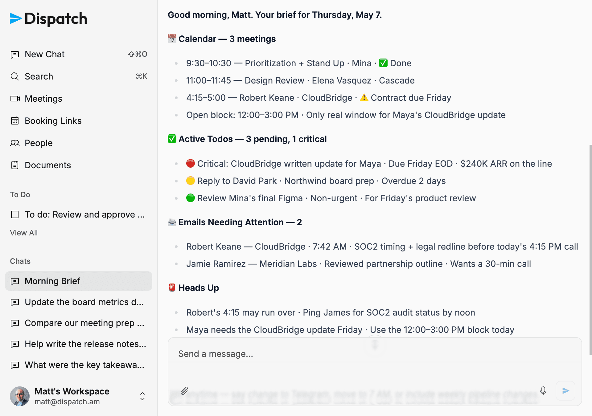 Dispatch morning brief chat showing calendar, active to-dos, emails needing attention, and heads-up items for the day