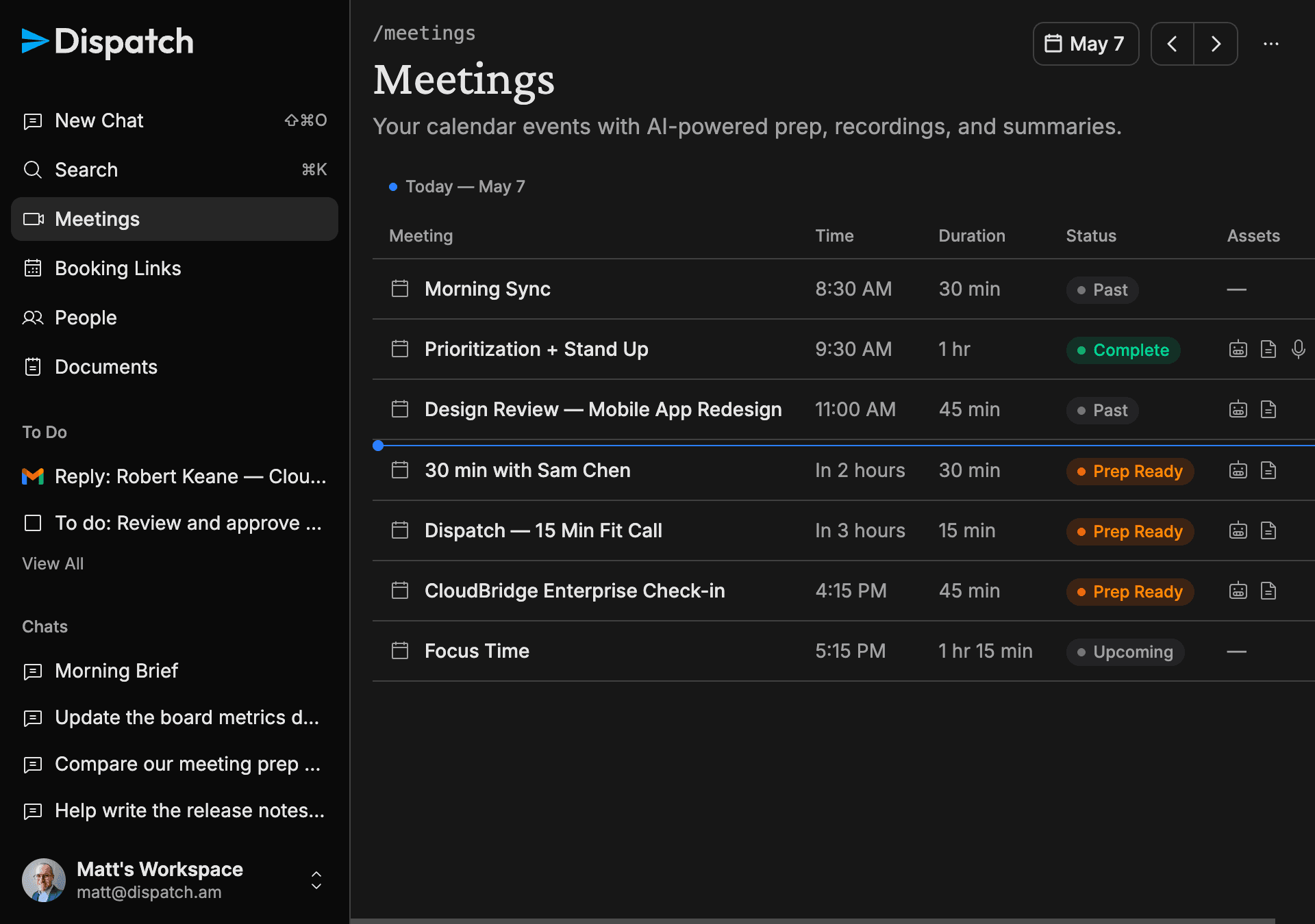 Dispatch meetings list with morning sync, prioritization stand-up, and prep-ready chips on each event