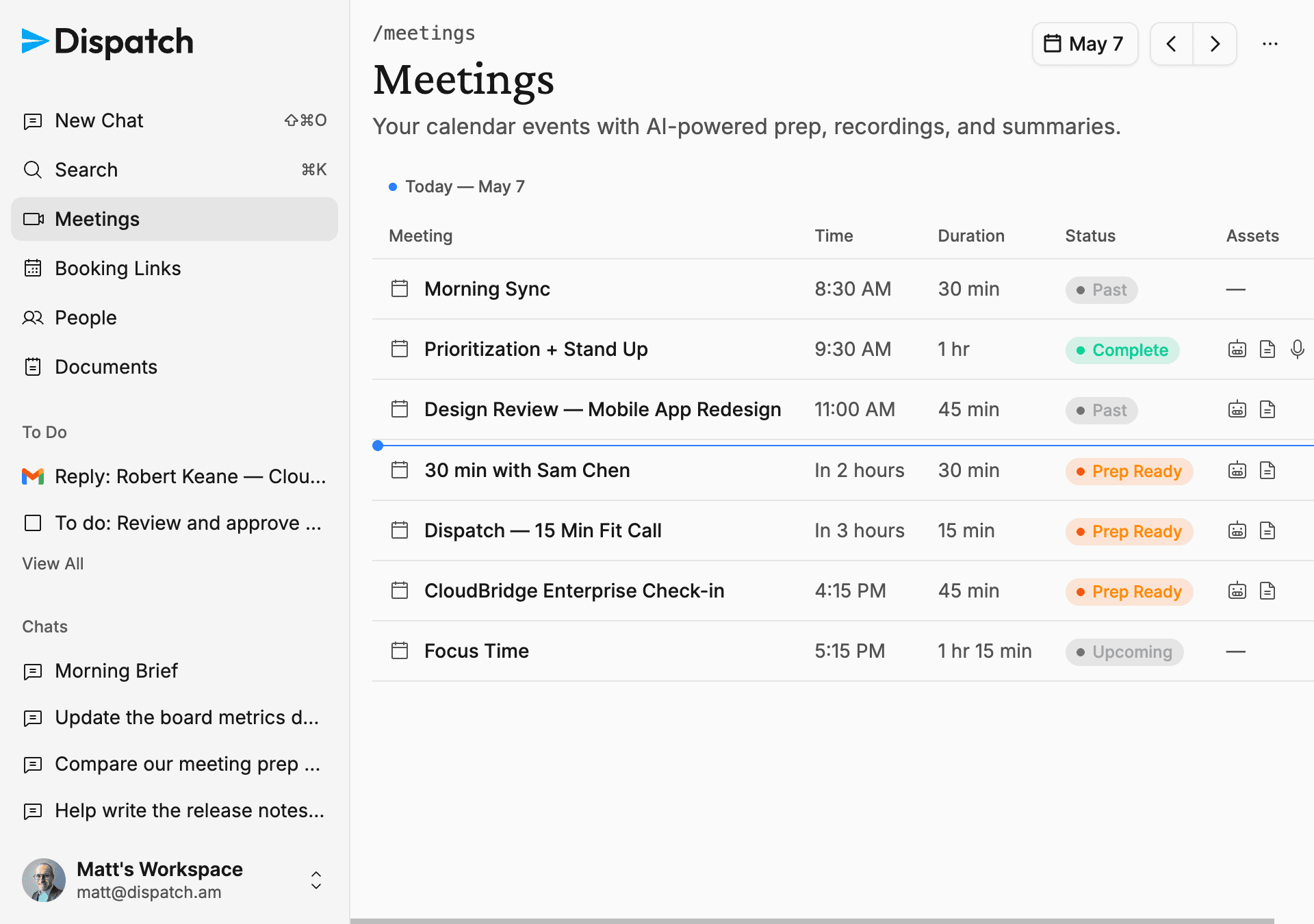 Dispatch meetings list with morning sync, prioritization stand-up, and prep-ready chips on each event