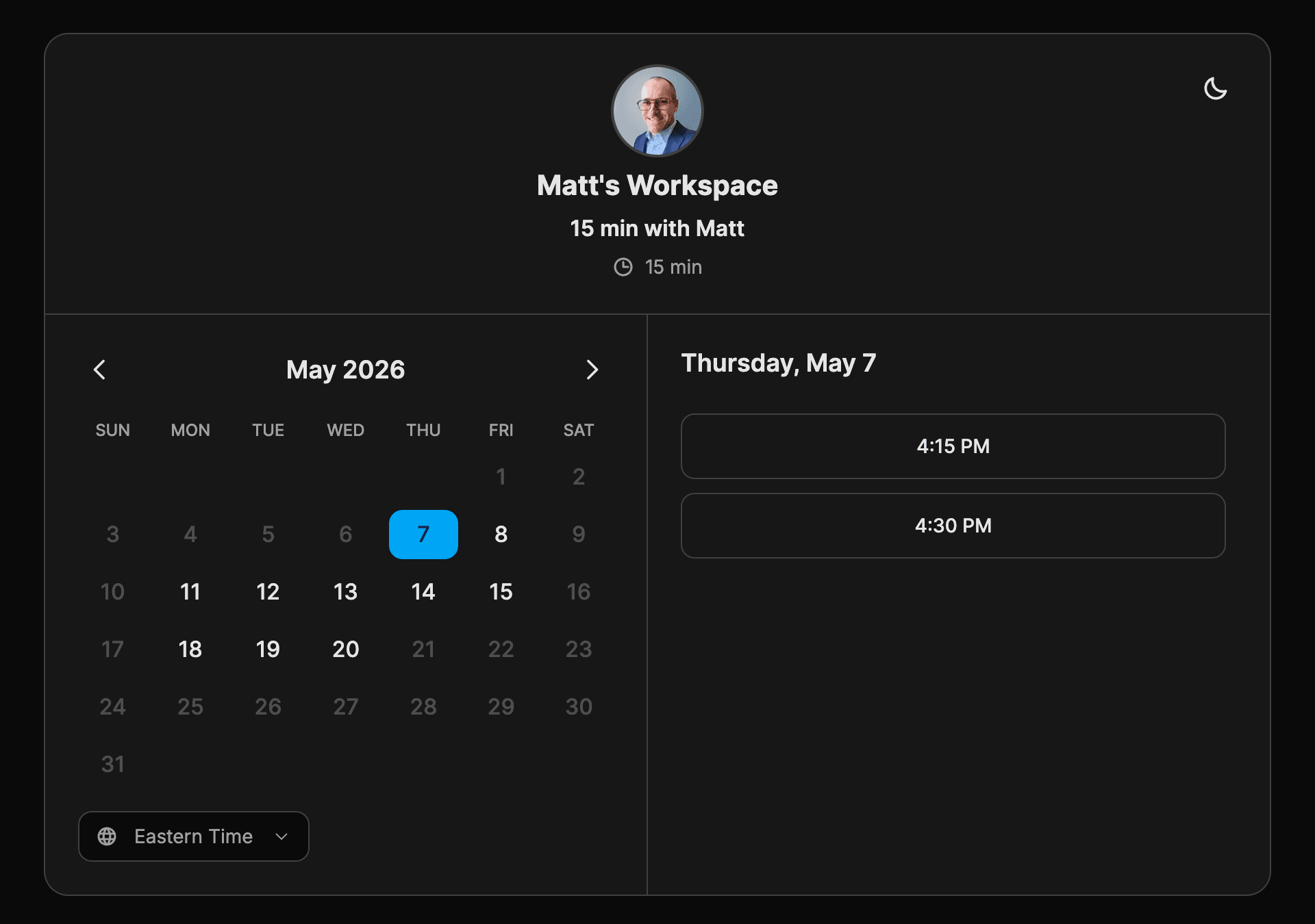 Dispatch booking page for a 15-minute call with Matt: May 2026 calendar with 4:15 PM and 4:30 PM slots on Thursday May 7