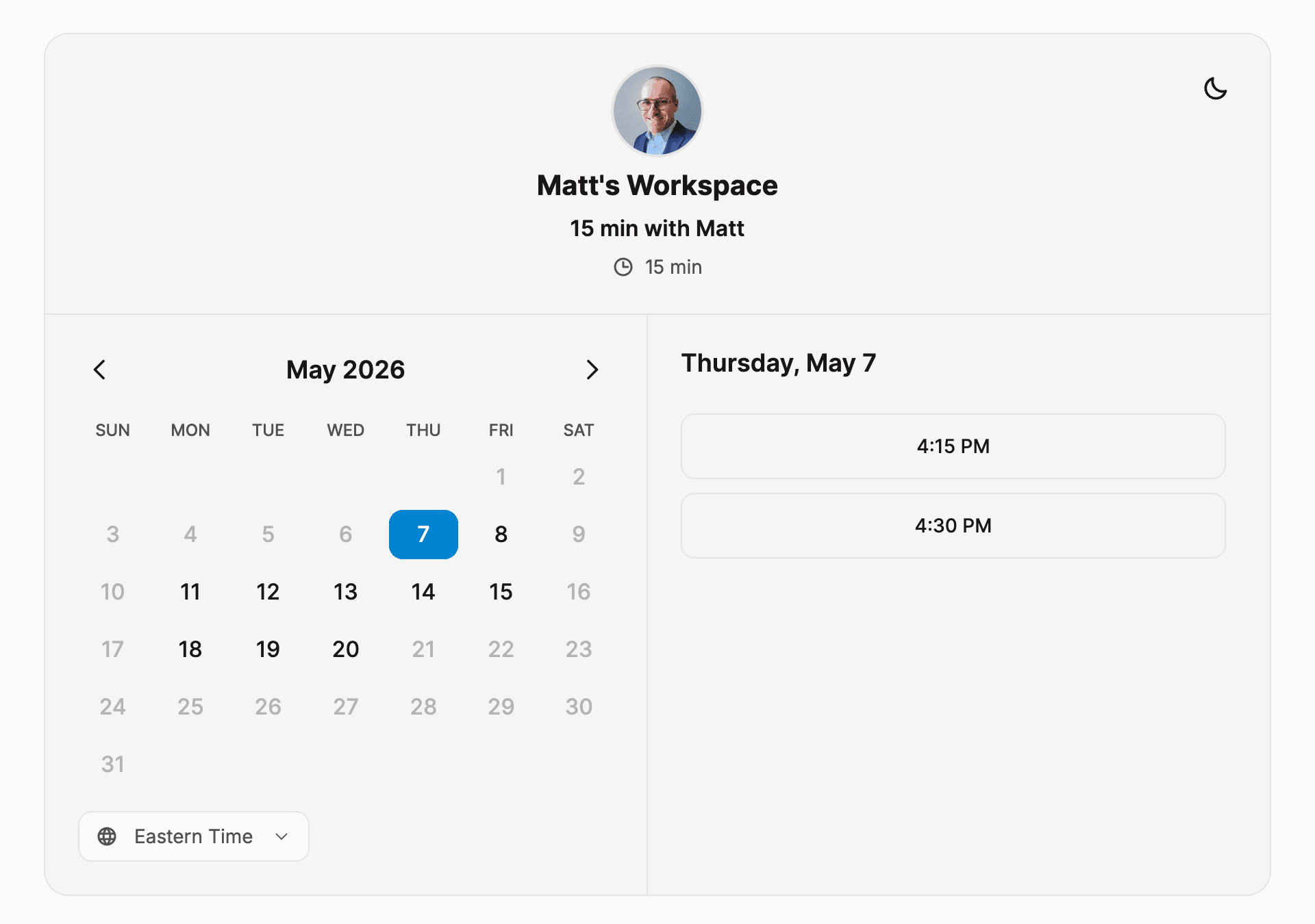 Dispatch booking page for a 15-minute call with Matt: May 2026 calendar with 4:15 PM and 4:30 PM slots on Thursday May 7